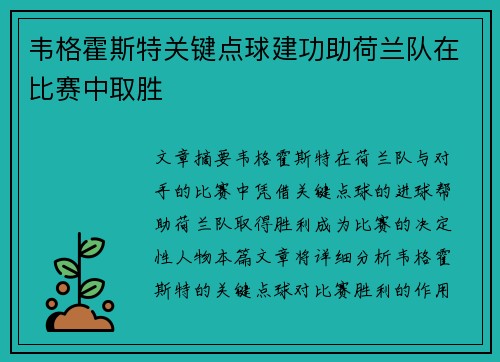 韦格霍斯特关键点球建功助荷兰队在比赛中取胜