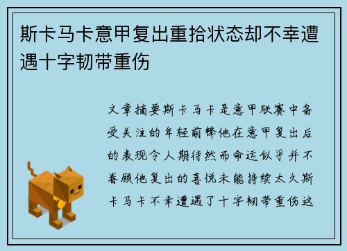 斯卡马卡意甲复出重拾状态却不幸遭遇十字韧带重伤 斯卡马卡意甲复出重拾状态却不幸遭遇十字韧带重伤